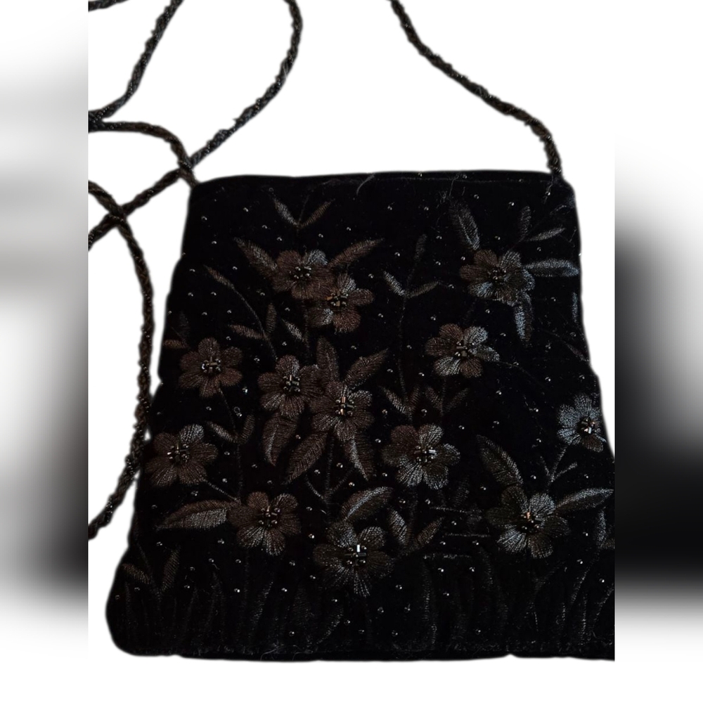 Magid Velvet Black Evening Bag with Flower & Jewel Decal